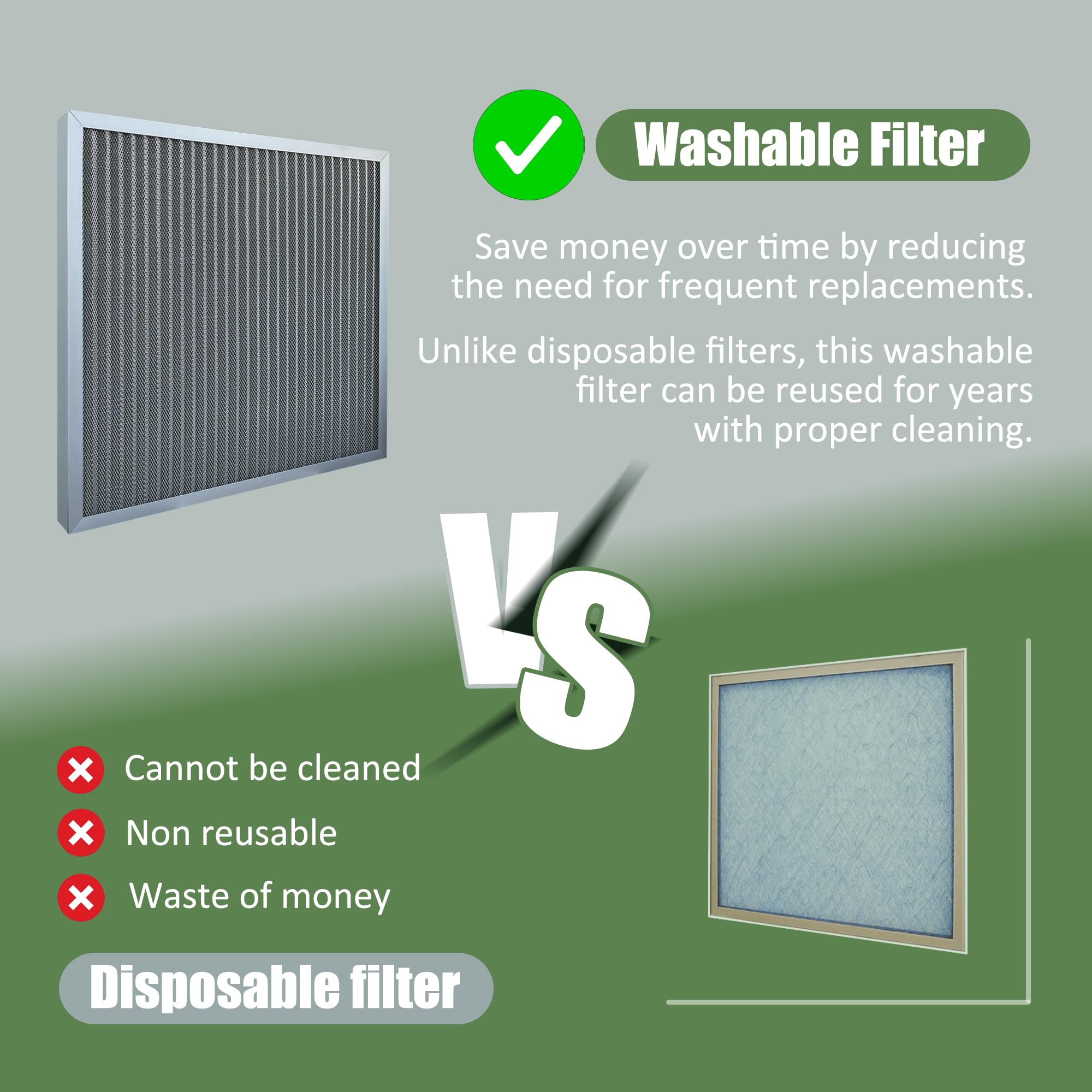 Washable Air Filter - Electrostatic Reusable Furnace Filter for HVAC AC Systems, Durable Aluminum Frame, MERV 5, 2 Inch,