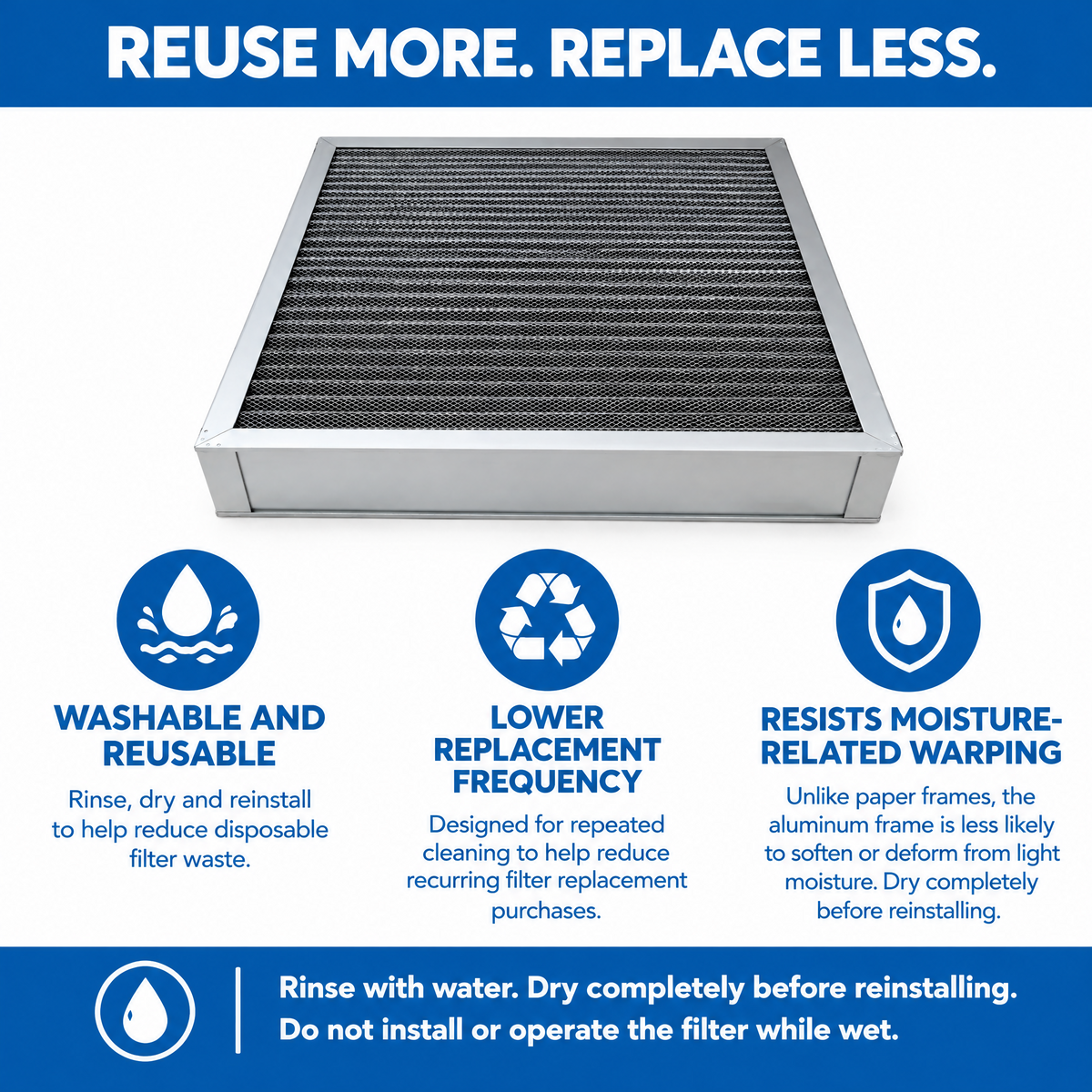 Washable Reusable HVAC Furnace Filter, MERV 5, washable aluminum frame with electrostatic media for HVAC use; clean, dry, and reuse.