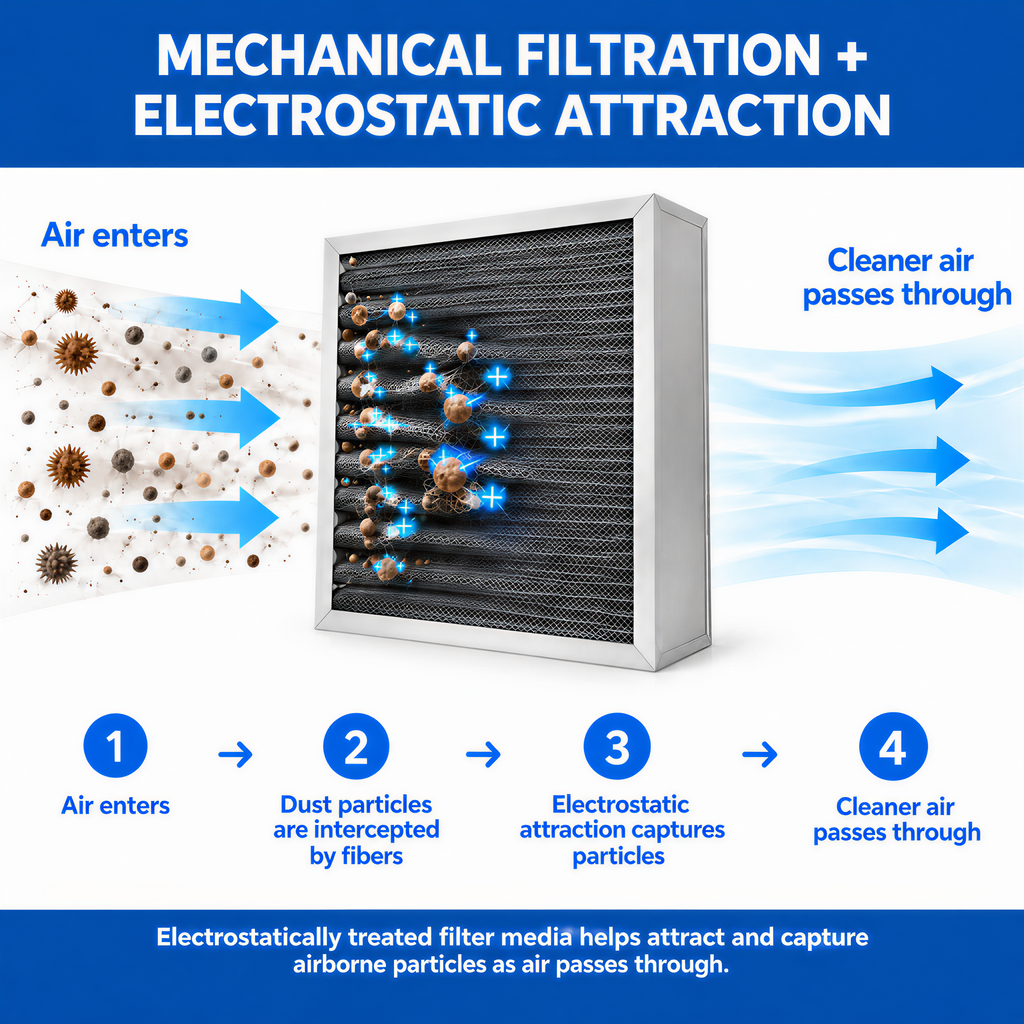 Washable Reusable HVAC Furnace Filter, MERV 5, washable aluminum frame with electrostatic media for HVAC use; clean, dry, and reuse.