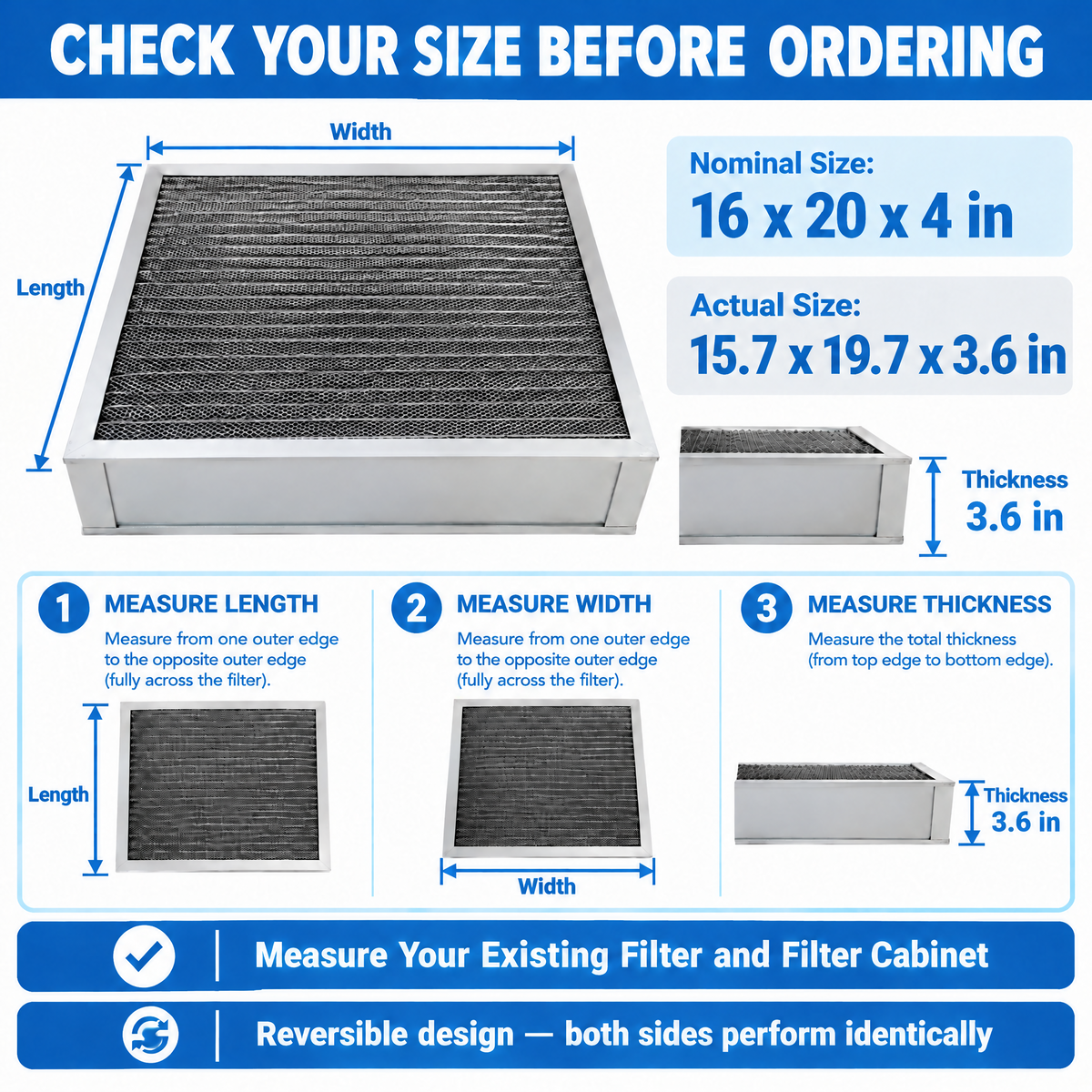 Washable Reusable HVAC Furnace Filter, MERV 5, washable aluminum frame with electrostatic media for HVAC use; clean, dry, and reuse.