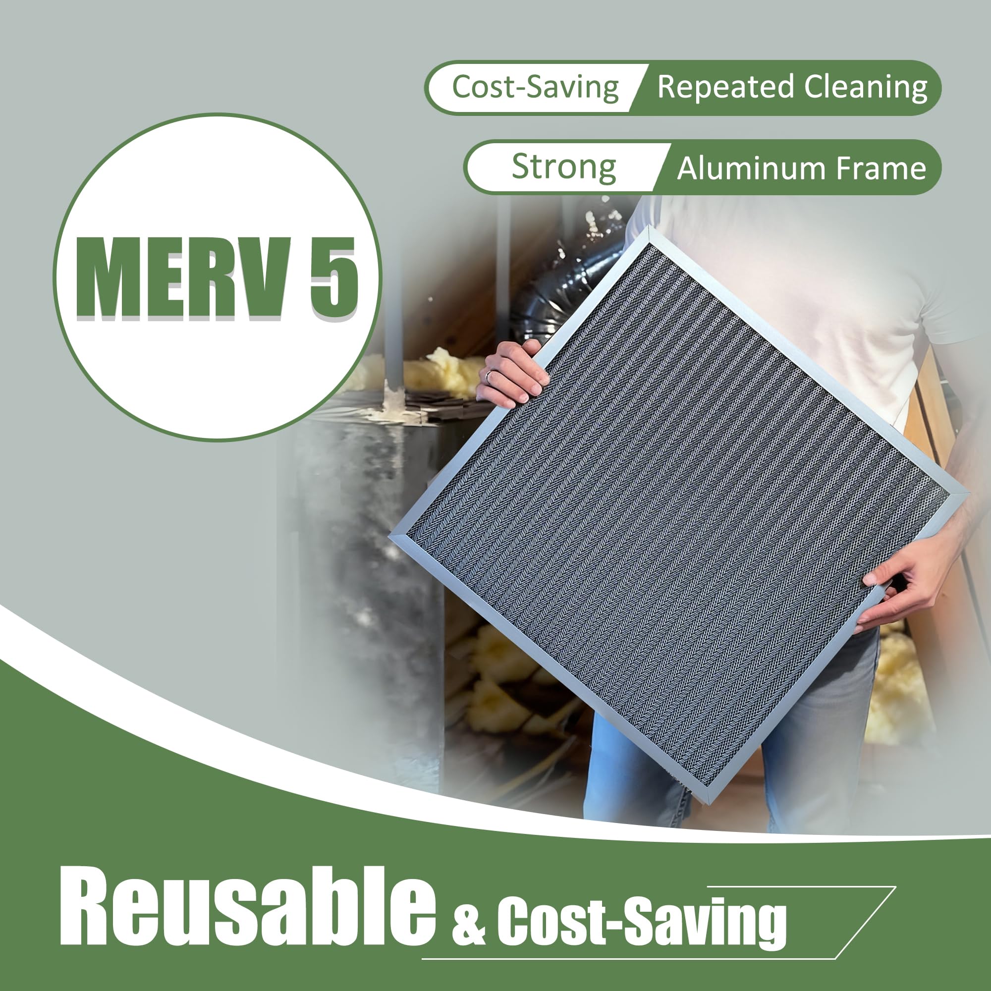 Washable Air Filter - Electrostatic Reusable Furnace Filter for HVAC AC Systems, Durable Aluminum Frame, MERV 5, 2 Inch,