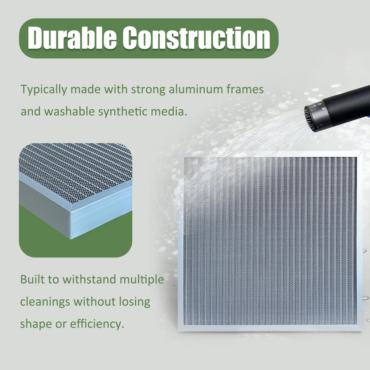 Washable Air Filter - Electrostatic Reusable Furnace Filter for HVAC AC Systems, Durable Aluminum Frame, MERV 5, 2 Inch,